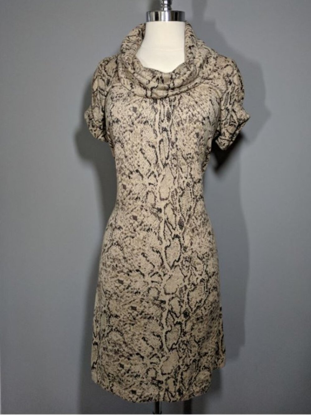 KENNETH COLE Brown Snake Print Silk Angora Cowl Neck Dress Size XS
